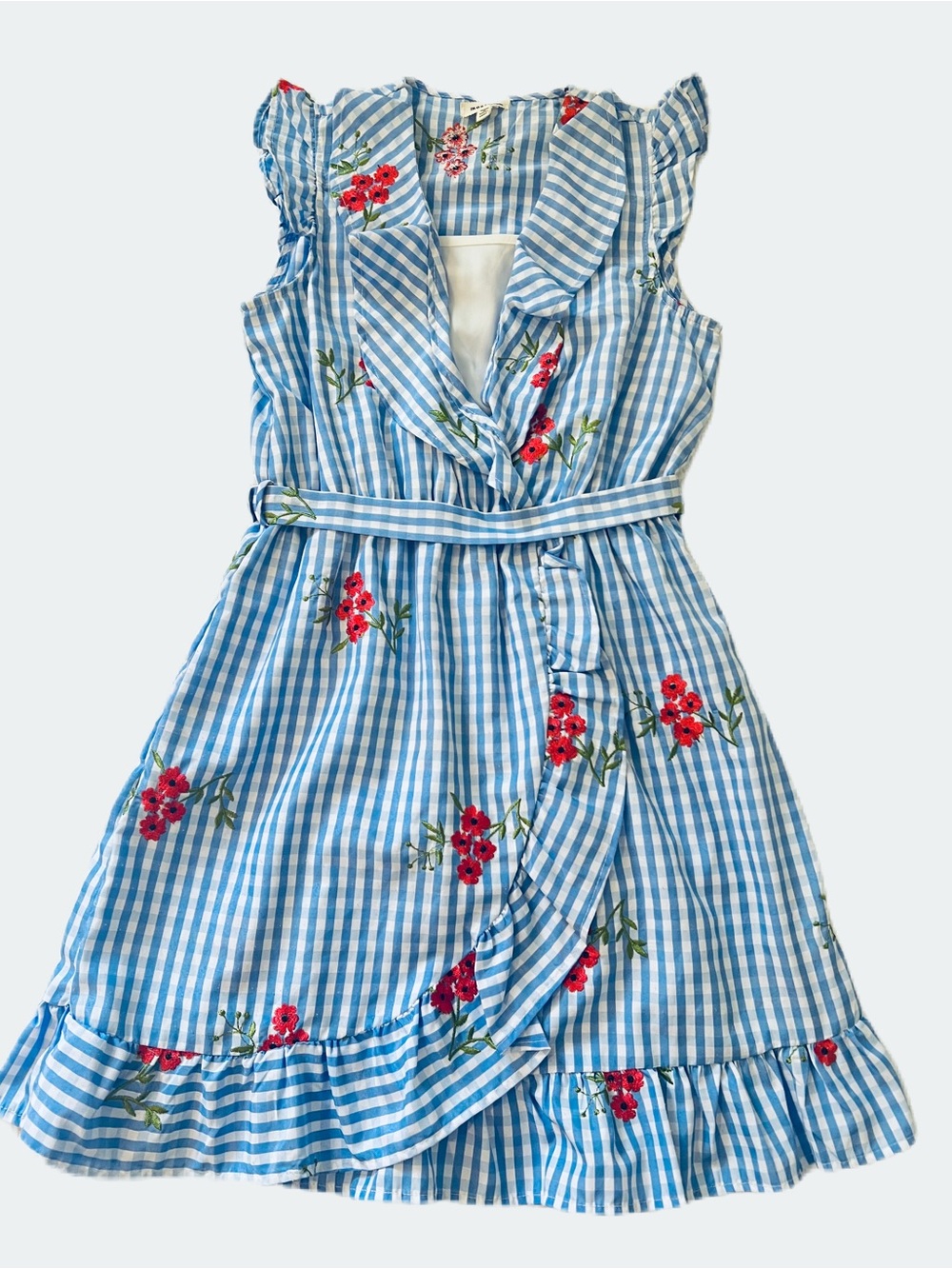 Monteau Blue Gingham Faux Wrap Dress